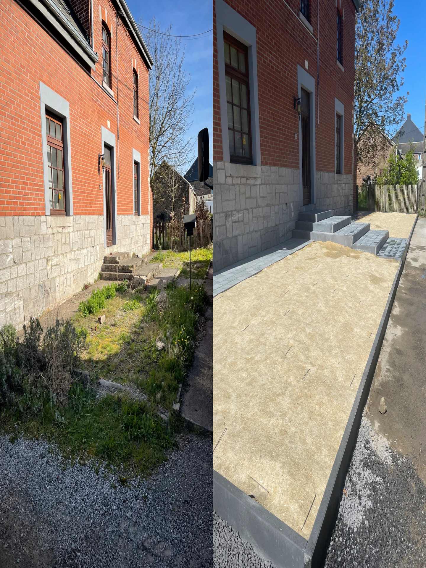 Avant/après : devanture avec escalier et allée en pierres bleues