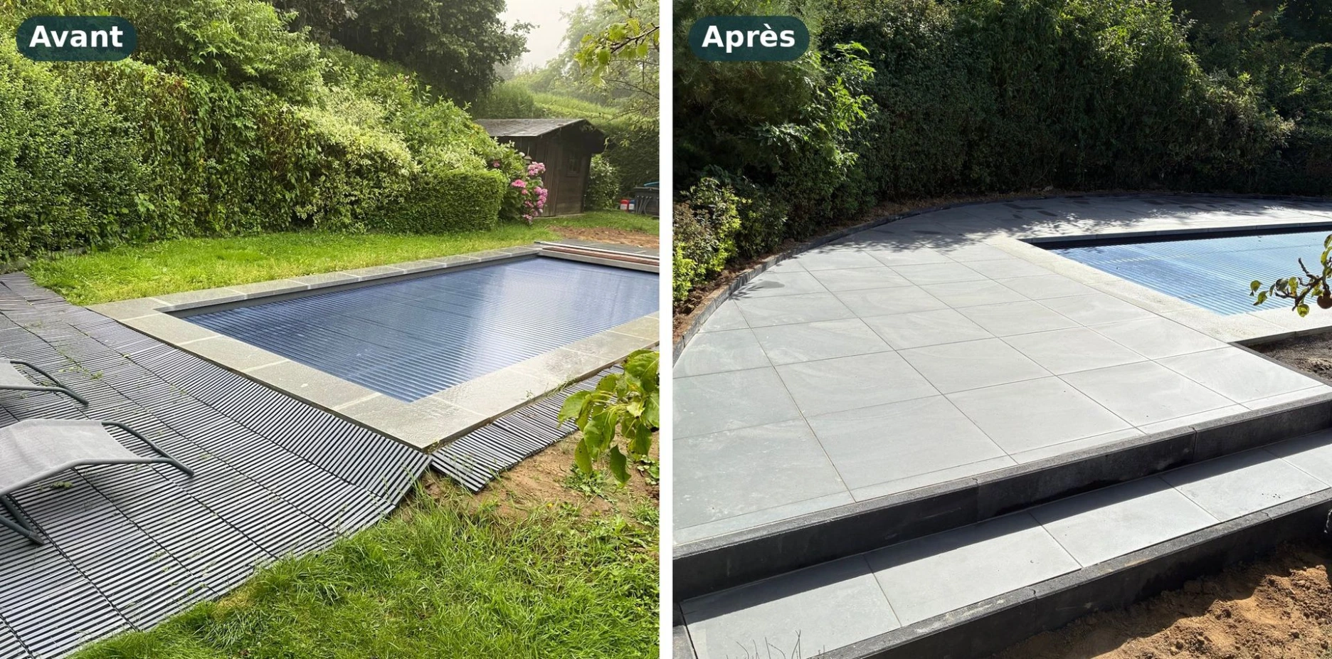 Avant/après : terrasse carrelage autour d'une piscine