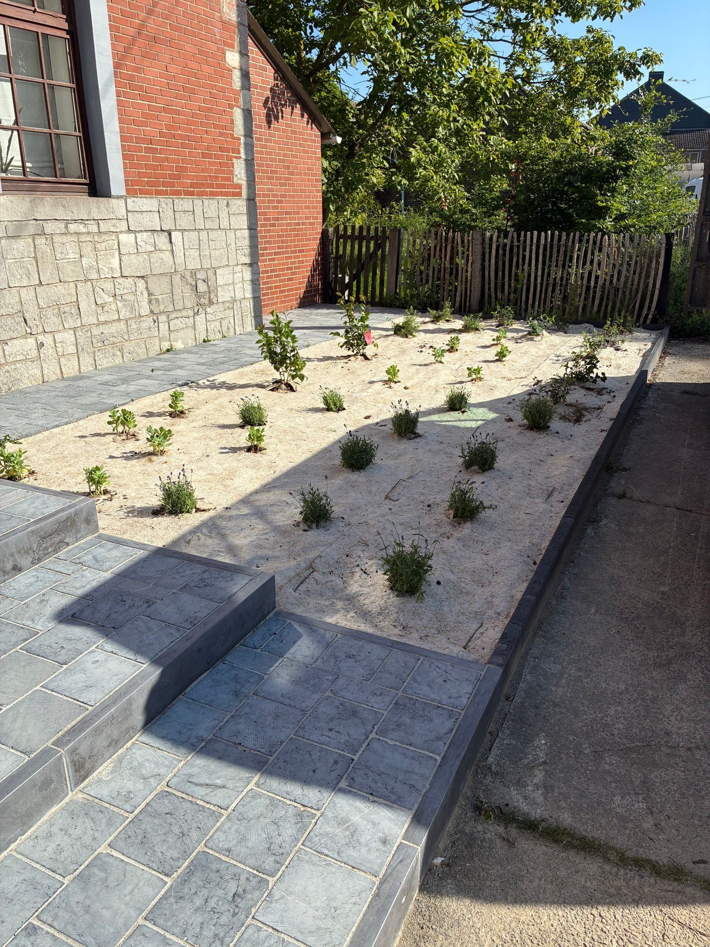 Allée et marches en pierre bleue vietnamienne avec parterre planté