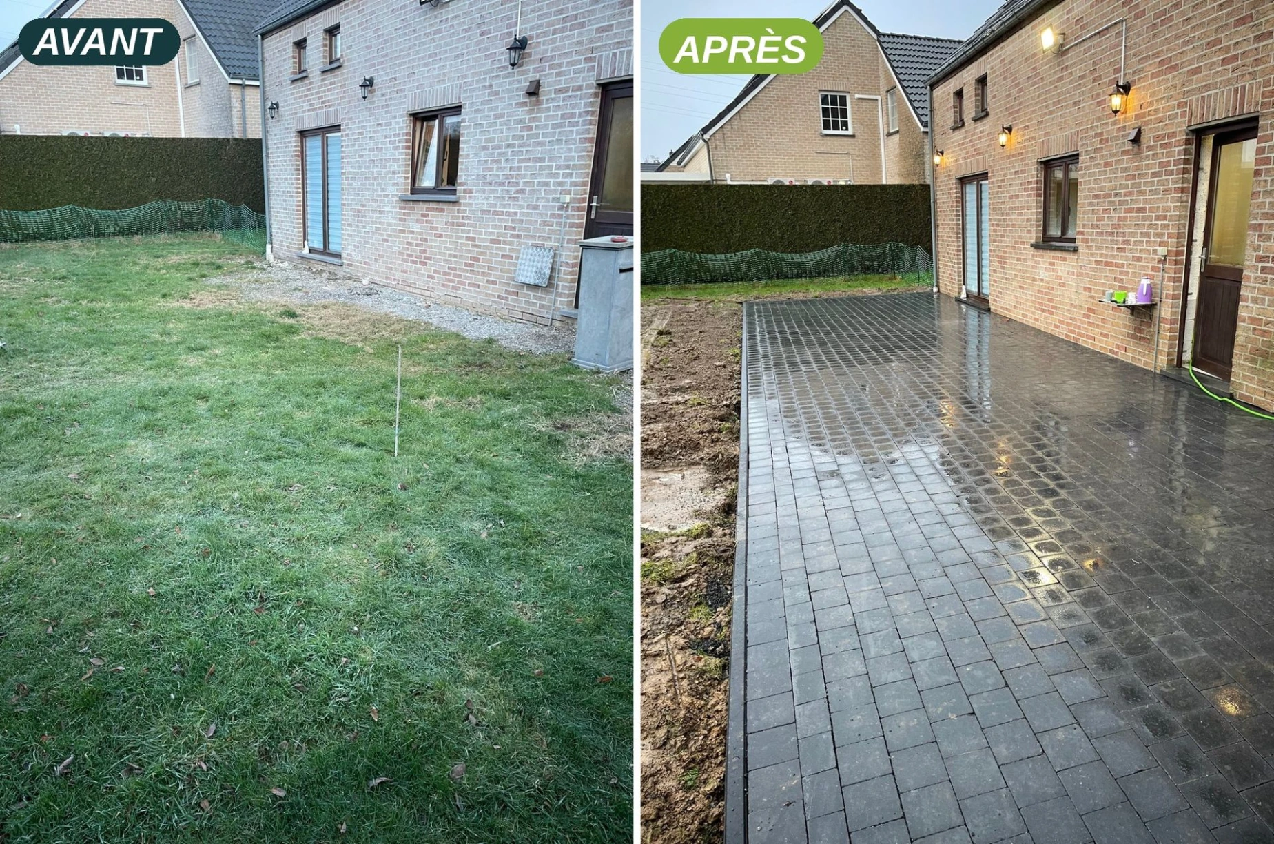 Avant/après : terrasse en pavés béton noirs à la place de la pelouse
